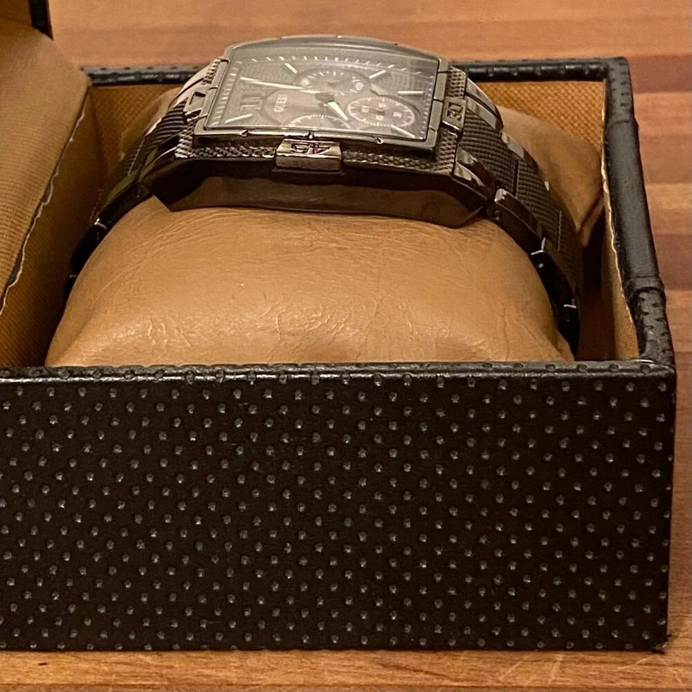 Men's GUESS Watch Gunmetal Gray Classic Rectangular Face and Steel Band with Box